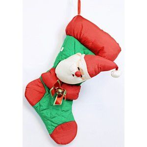 VTG 1990s 18" Santa Claus Nylon Plush Christmas Stocking Red Green Quilted Bow
